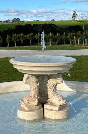 The Caspian Fountain is a large, elegant water feature comprising of a large bowl held up by three spouting fish in a generous 4 metre surround. This fountain adds delightful blue space artistry to any landscape setting.

This fountain works wonderfully on a lawn, or terrace or nestled in an herbaceous border. It makes an impressive focal point in a formal flower bed or in a turning circle at the entrance to a property.