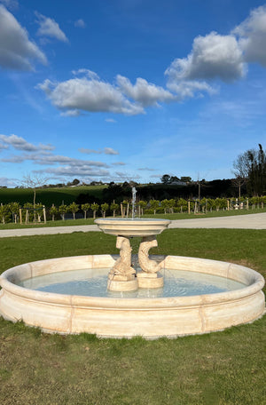 The Caspian Fountain is a large, elegant water feature comprising of a large bowl held up by three spouting fish in a generous 4 metre surround. This fountain adds delightful blue space artistry to any landscape setting.

This fountain works wonderfully on a lawn, or terrace or nestled in an herbaceous border. It makes an impressive focal point in a formal flower bed or in a turning circle at the entrance to a property.