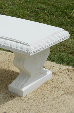 While away the hours on this beautiful, classically proportioned curved bench seat with decorative moulding on edge and scrolled seat supports.  A large and stunning garden seat to position at the end of a lawn, on a terrace or beside a wall beneath a rambling old rose.  This is a three component bench that can be relocated, will weather wonderfully and stand the test of time. This seat looks great with a sepia wash for an aged aesthetic.