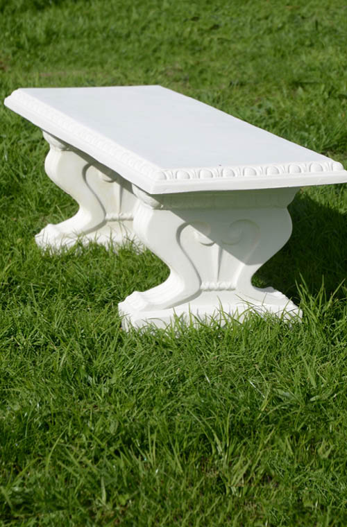 While away the hours on this beautiful, classically proportioned bench seat with decorative moulding on the edge and scrolled seat supports.

A well placed bench is an invitation to explore a garden, a place to restore, and a place to view your garden from a different vantage point. A bench can be around a corner, hidden as a surprise or at the end of a lawn, on a terrace or beside a wall beneath a rambling old rose.

A wonderful three component bench.